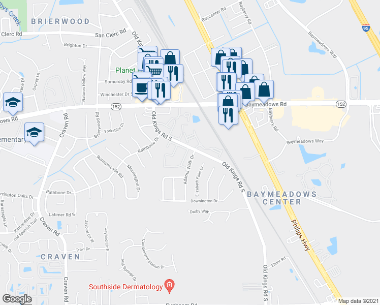 map of restaurants, bars, coffee shops, grocery stores, and more near 8900 Adams Walk Drive in Jacksonville
