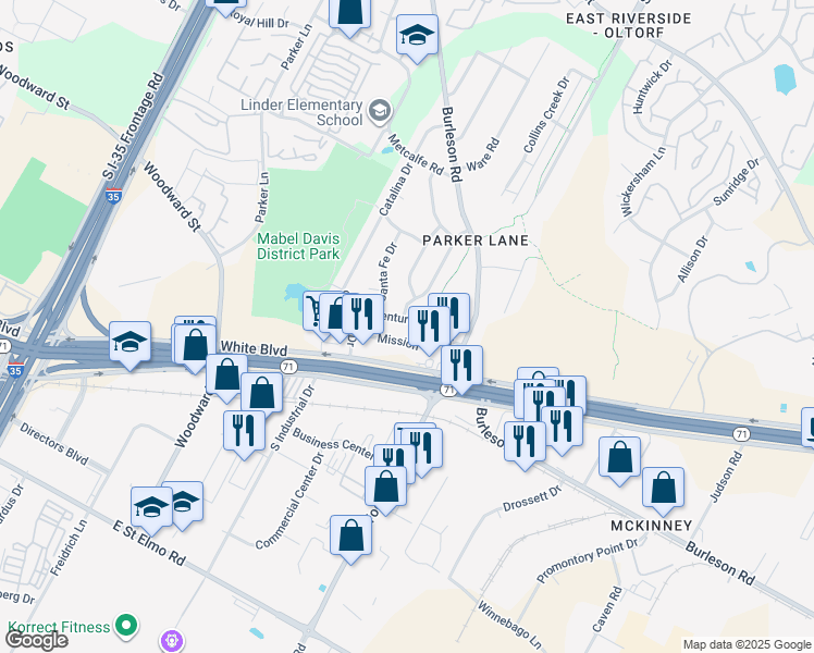 map of restaurants, bars, coffee shops, grocery stores, and more near 2401 Ventura Drive in Austin