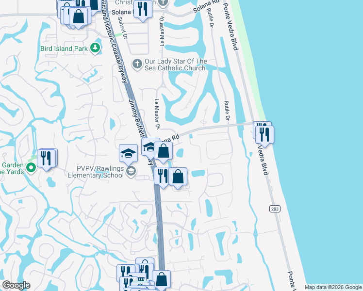 map of restaurants, bars, coffee shops, grocery stores, and more near 66 Grand Palm Court in Ponte Vedra Beach