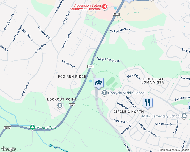 map of restaurants, bars, coffee shops, grocery stores, and more near 7510 West Slaughter Lane in Austin