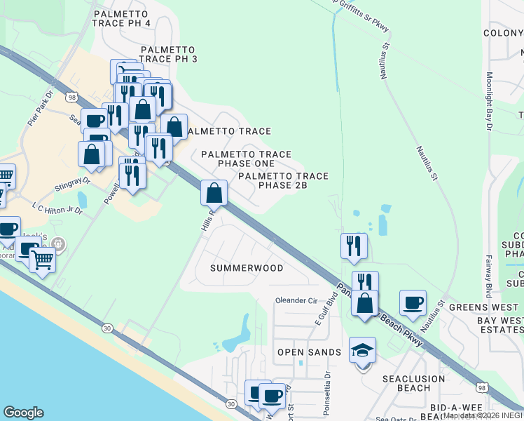 map of restaurants, bars, coffee shops, grocery stores, and more near 123 Biltmore Place in Panama City Beach