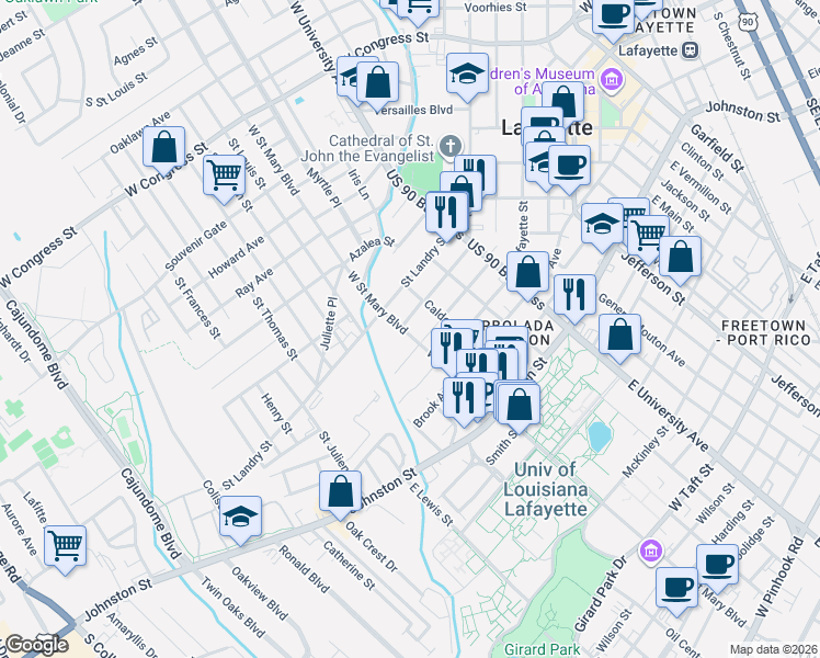 map of restaurants, bars, coffee shops, grocery stores, and more near 1423 St John St in Lafayette