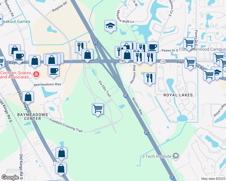 map of restaurants, bars, coffee shops, grocery stores, and more near 8365 Dix Ellis Trail in Jacksonville