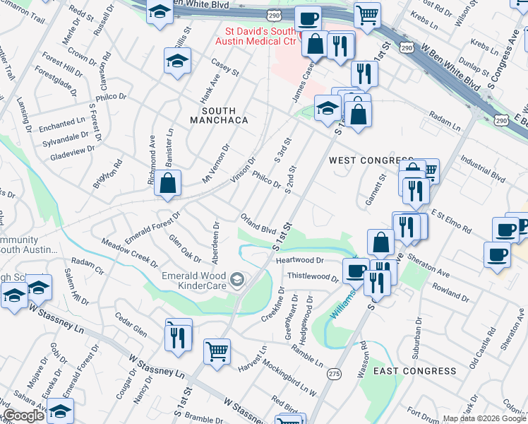 map of restaurants, bars, coffee shops, grocery stores, and more near 4616 Raintree Boulevard in Austin