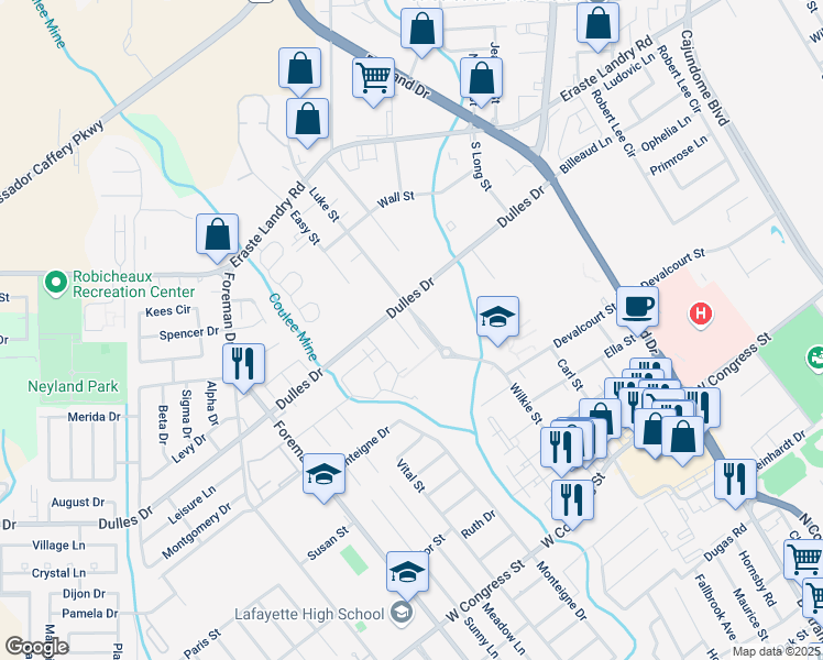 map of restaurants, bars, coffee shops, grocery stores, and more near 335 Dulles Drive in Lafayette