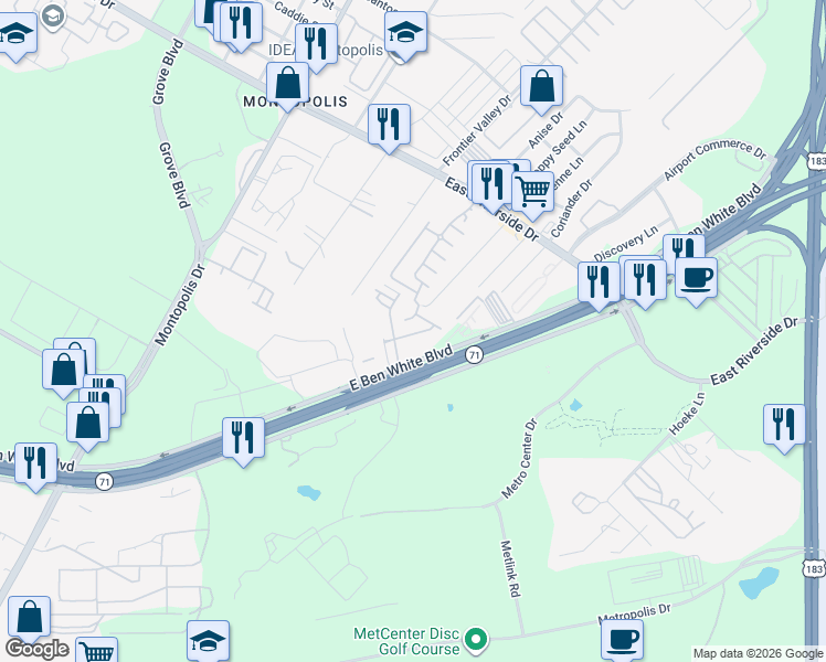 map of restaurants, bars, coffee shops, grocery stores, and more near 2109 Hermia Street in Austin