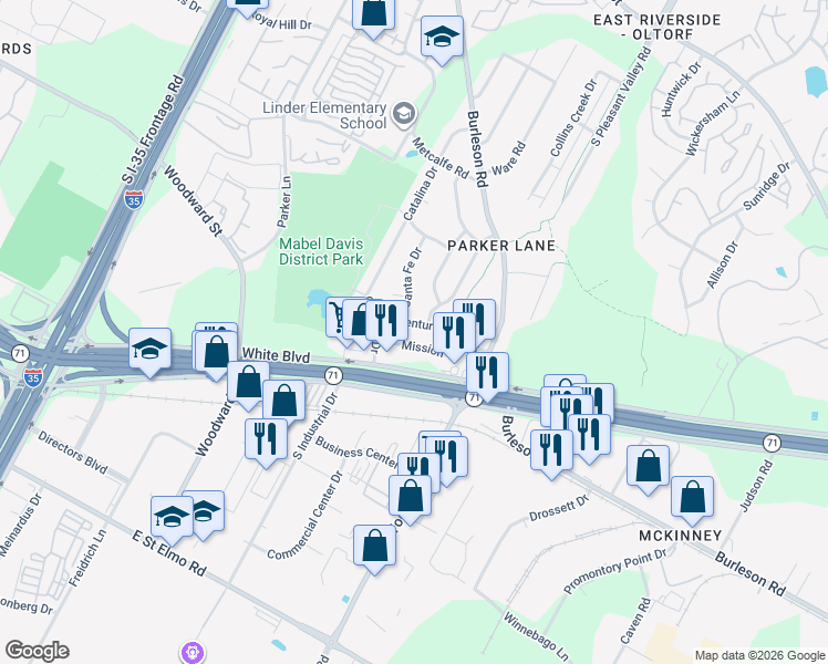 map of restaurants, bars, coffee shops, grocery stores, and more near 2305 Ventura Drive in Austin