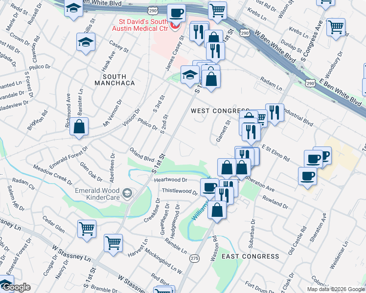 map of restaurants, bars, coffee shops, grocery stores, and more near 503 Philco Drive in Austin
