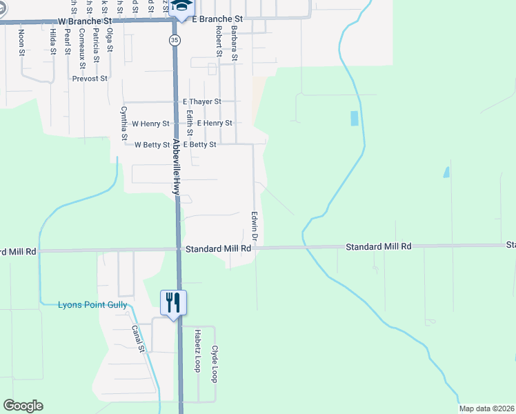 map of restaurants, bars, coffee shops, grocery stores, and more near 1609 Edwin Drive in Rayne