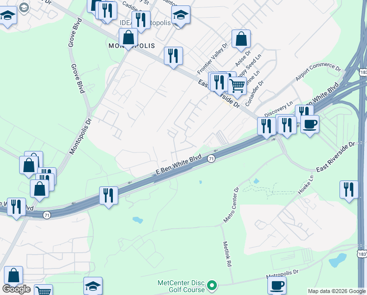 map of restaurants, bars, coffee shops, grocery stores, and more near 2109 Hermia Street in Austin