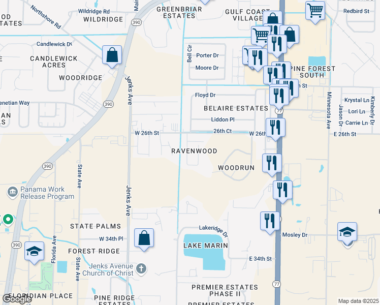 map of restaurants, bars, coffee shops, grocery stores, and more near 2709 Ravenwood Court in Lynn Haven