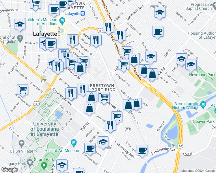 map of restaurants, bars, coffee shops, grocery stores, and more near 709 Stewart Street in Lafayette
