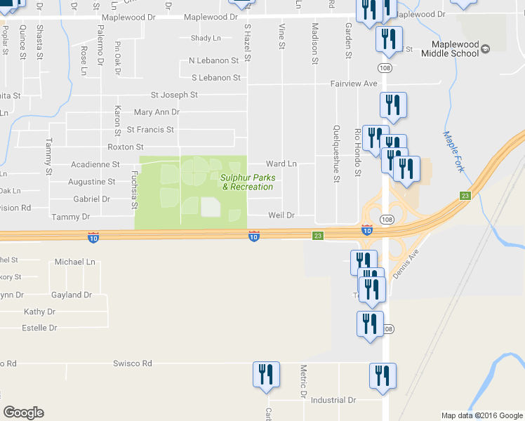 map of restaurants, bars, coffee shops, grocery stores, and more near 2921 Weil Dr in Sulphur