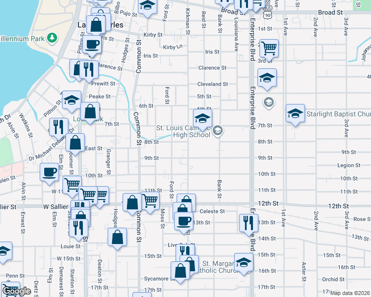 map of restaurants, bars, coffee shops, grocery stores, and more near 1615 Kirkman Street in Lake Charles