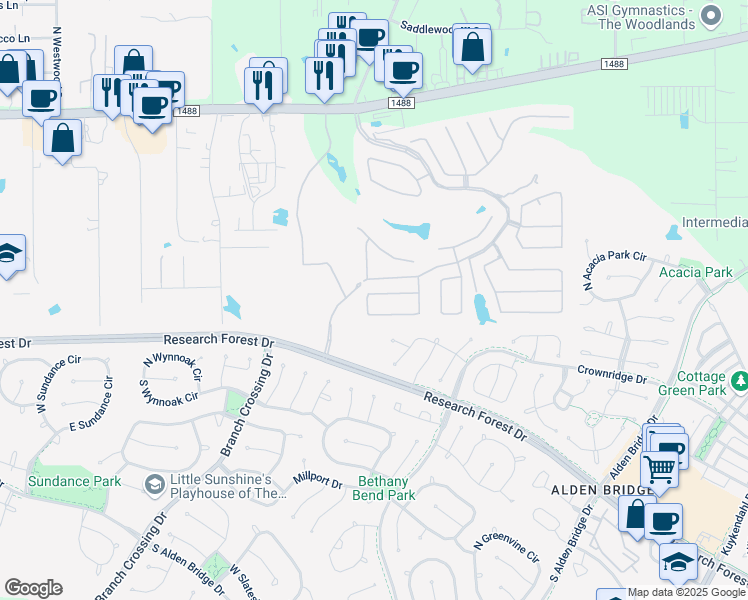 map of restaurants, bars, coffee shops, grocery stores, and more near in The Woodlands