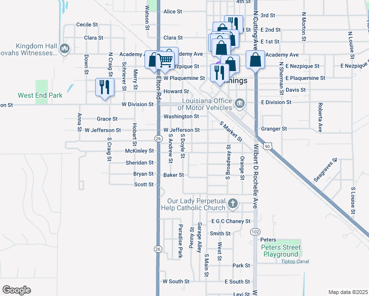 map of restaurants, bars, coffee shops, grocery stores, and more near 201-299 W Madison St in Jennings