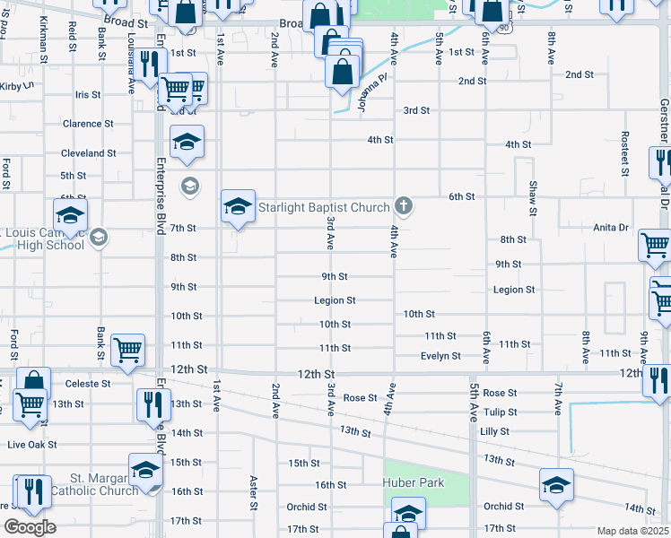 map of restaurants, bars, coffee shops, grocery stores, and more near 1721 9th Street in Lake Charles