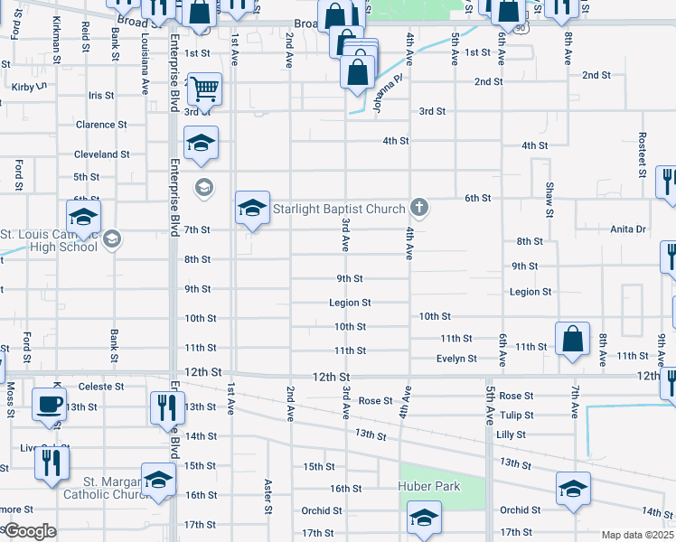 map of restaurants, bars, coffee shops, grocery stores, and more near 1721 9th Street in Lake Charles