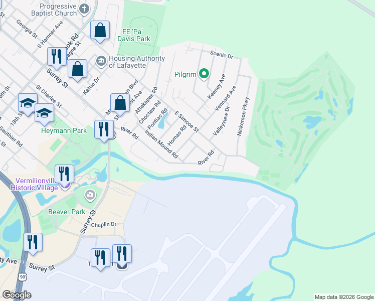 map of restaurants, bars, coffee shops, grocery stores, and more near 111 Plaquemine Road in Lafayette