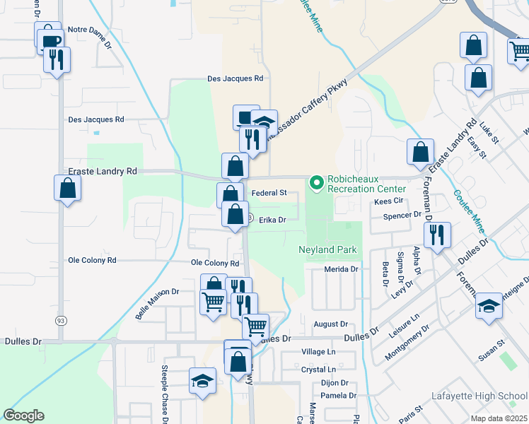 map of restaurants, bars, coffee shops, grocery stores, and more near 106 Sunshine Street in Lafayette