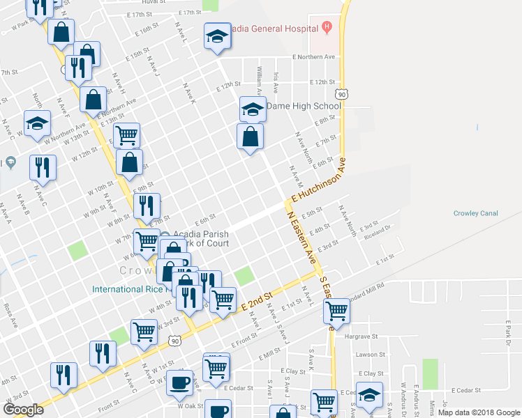map of restaurants, bars, coffee shops, grocery stores, and more near 623 East Hutchinson Avenue in Crowley