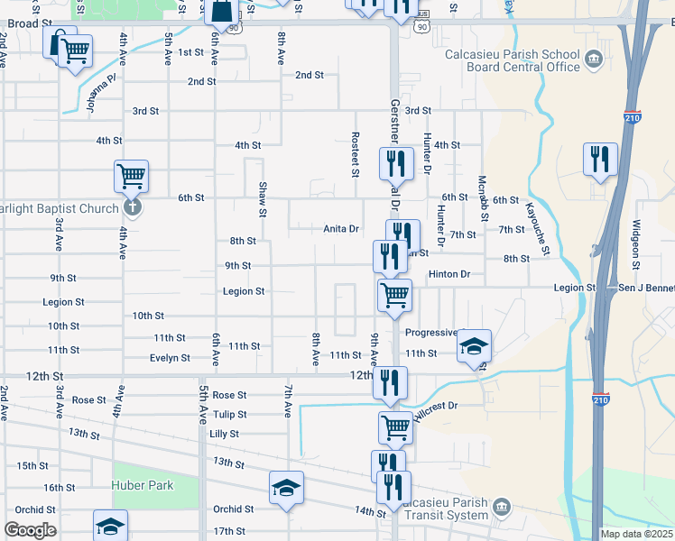 map of restaurants, bars, coffee shops, grocery stores, and more near 2304 9th Street in Lake Charles