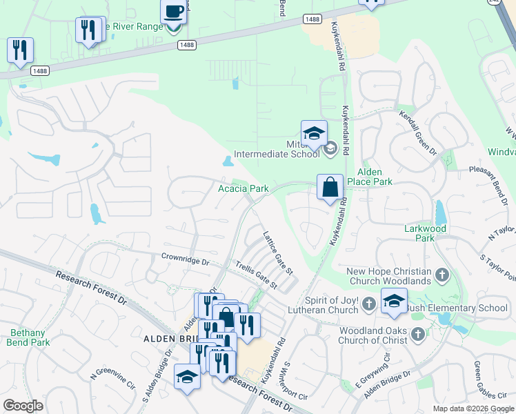 map of restaurants, bars, coffee shops, grocery stores, and more near 214 Lattice Gate Street in Spring