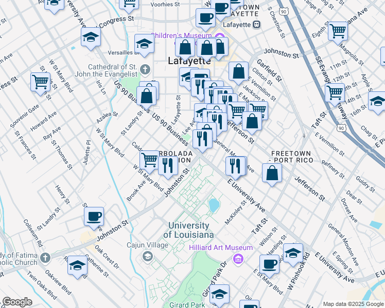 map of restaurants, bars, coffee shops, grocery stores, and more near 104 East University Avenue in Lafayette