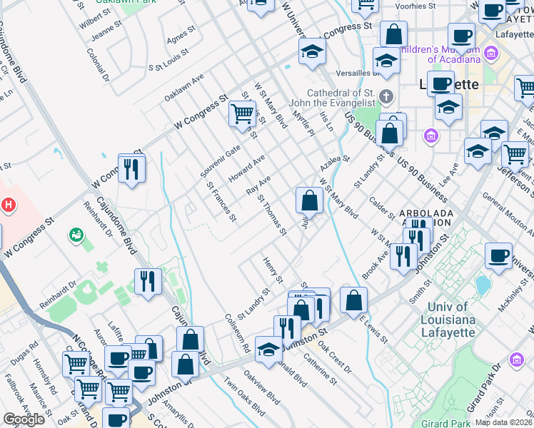 map of restaurants, bars, coffee shops, grocery stores, and more near 315 Saint Thomas Street in Lafayette