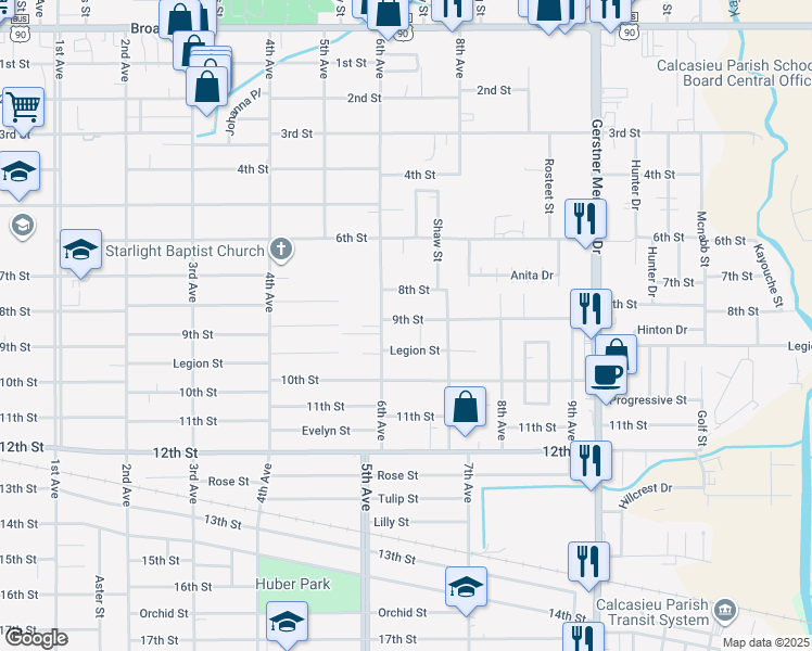 map of restaurants, bars, coffee shops, grocery stores, and more near 2212 9th Street in Lake Charles