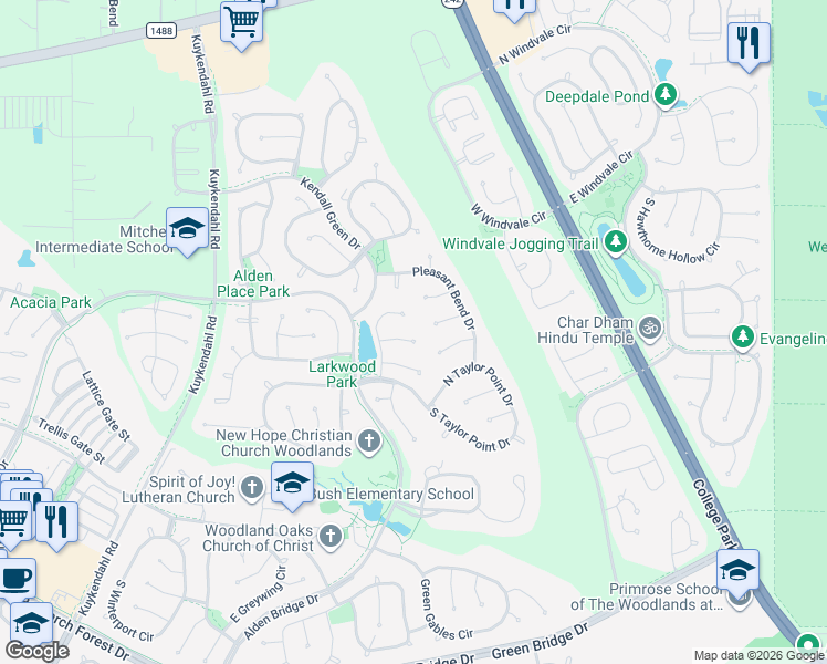 map of restaurants, bars, coffee shops, grocery stores, and more near 6 Clarion Ridge in Spring