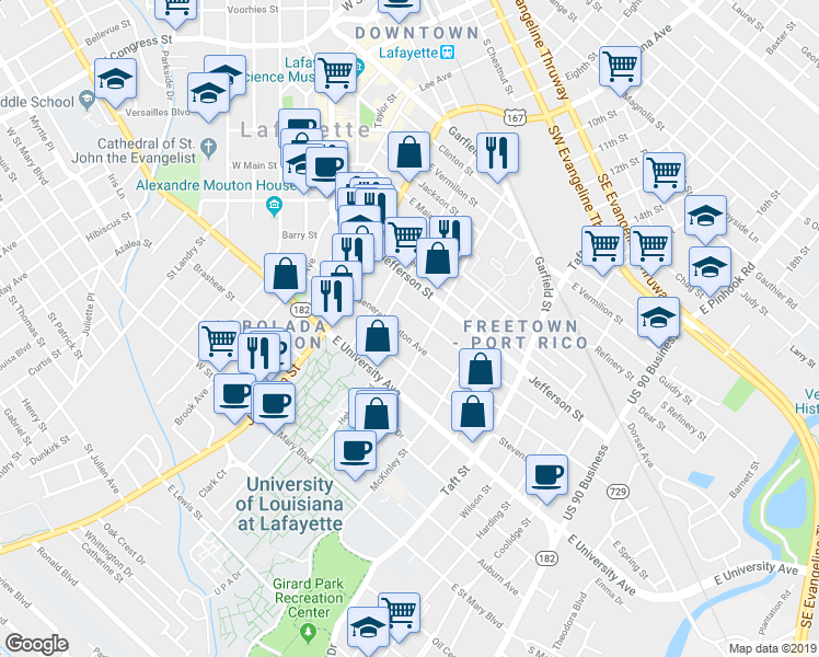 map of restaurants, bars, coffee shops, grocery stores, and more near 327 General Mouton Avenue in Lafayette