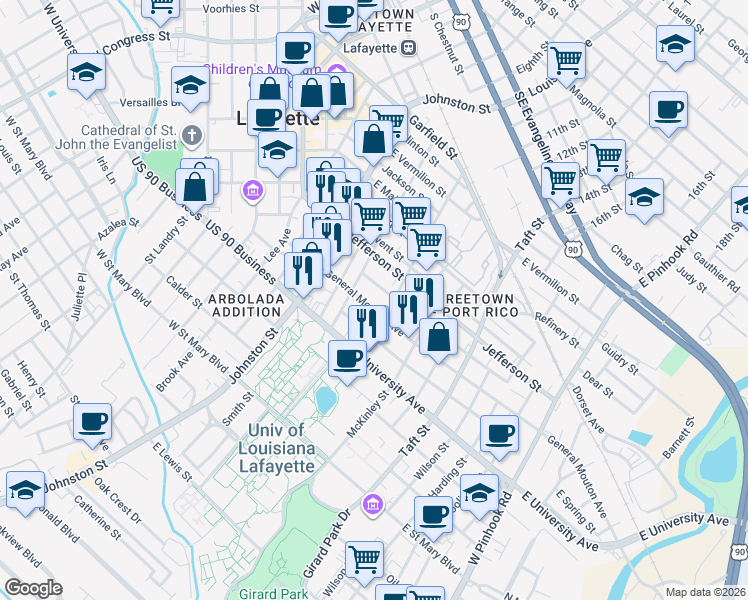 map of restaurants, bars, coffee shops, grocery stores, and more near 317 General Mouton Avenue in Lafayette