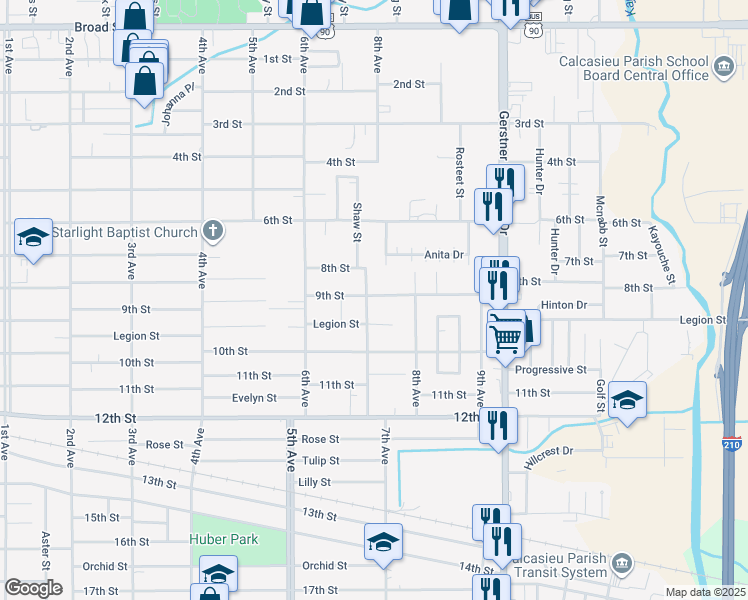 map of restaurants, bars, coffee shops, grocery stores, and more near 1715 7th Ave in Lake Charles