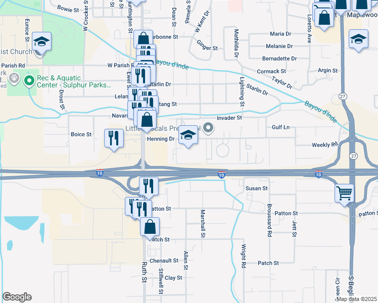 map of restaurants, bars, coffee shops, grocery stores, and more near 774 Henning Drive in Sulphur