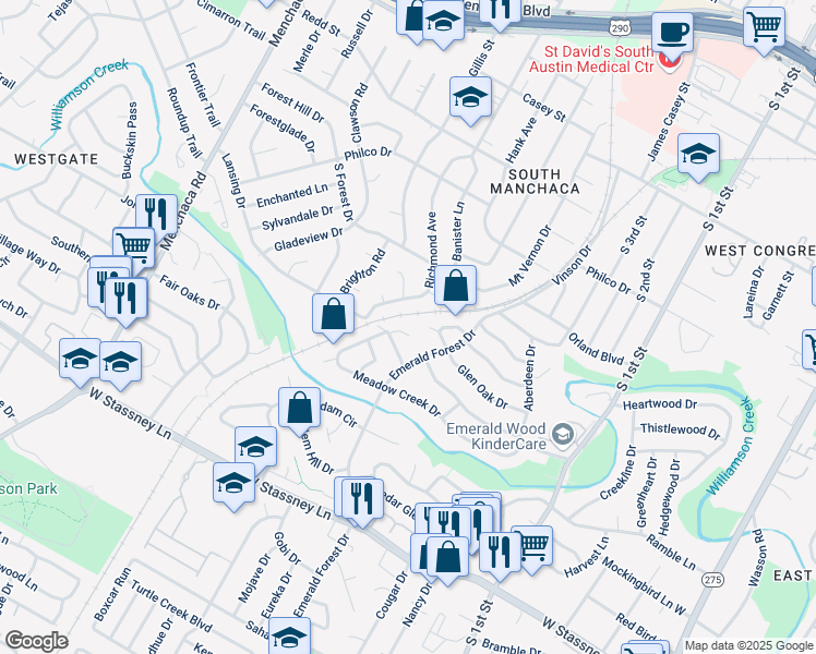 map of restaurants, bars, coffee shops, grocery stores, and more near 5102 Meadow Creek Cove in Austin