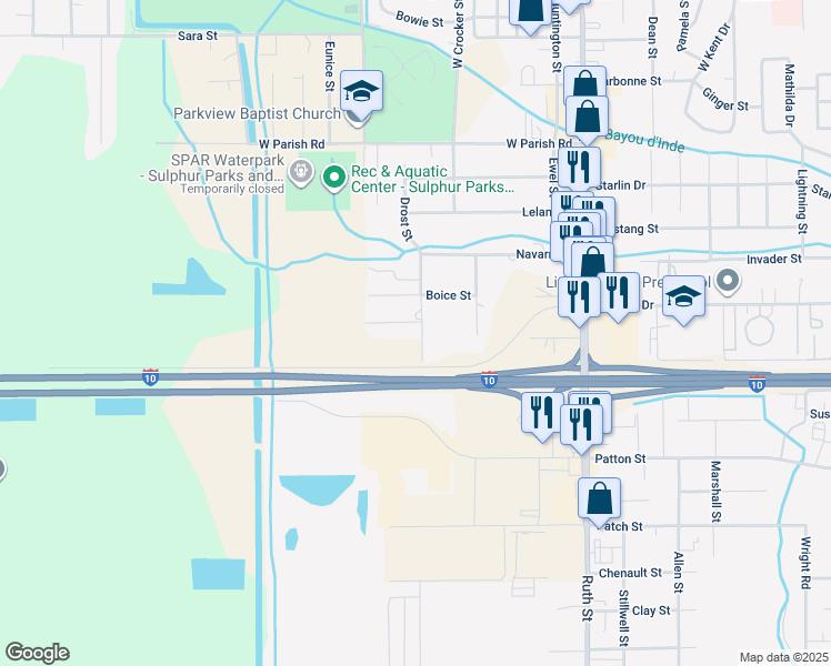 map of restaurants, bars, coffee shops, grocery stores, and more near 701 Wanda Street in Sulphur