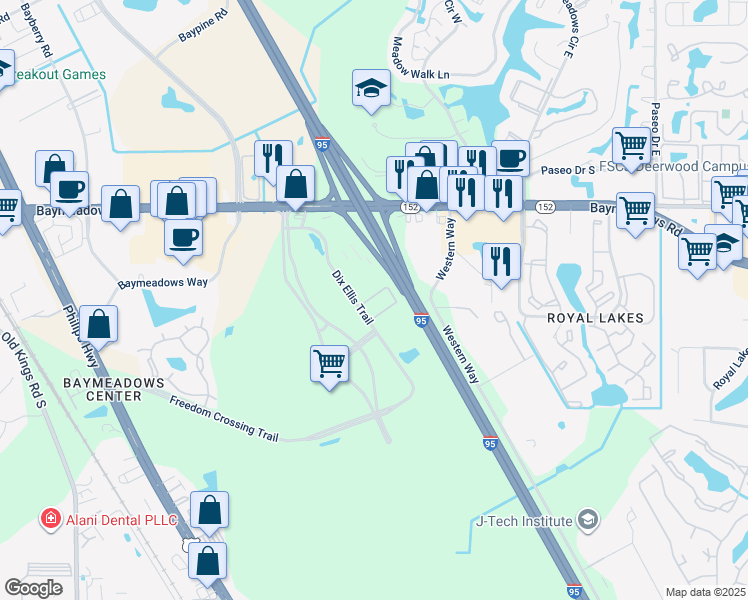 map of restaurants, bars, coffee shops, grocery stores, and more near 8365 Dix Ellis Trail in Jacksonville