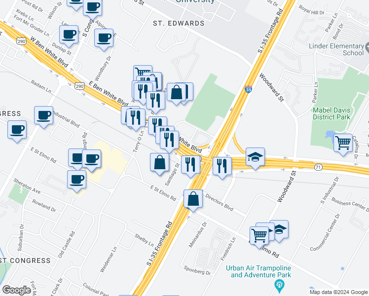 map of restaurants, bars, coffee shops, grocery stores, and more near East Ben White Boulevard & West Ben White Boulevard in Austin