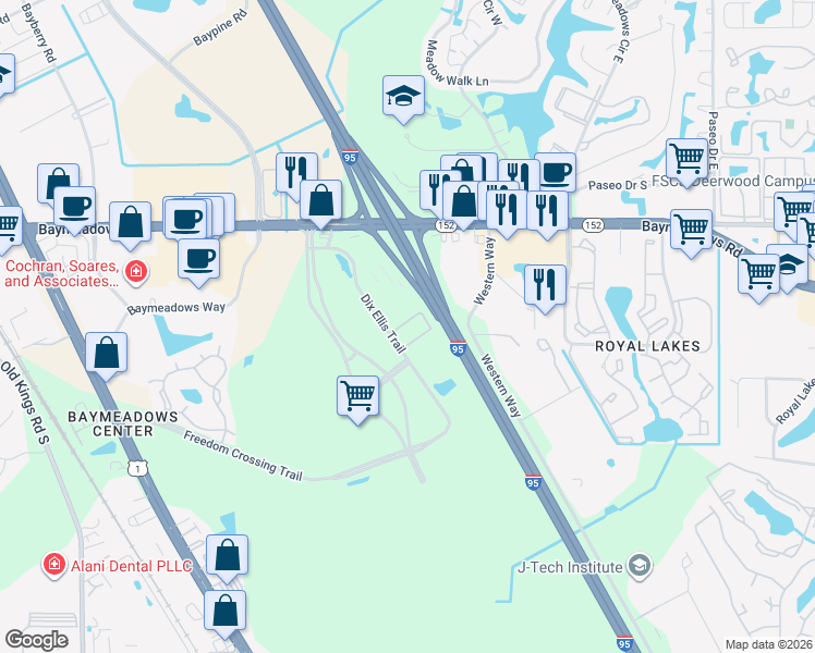 map of restaurants, bars, coffee shops, grocery stores, and more near 8365 Dix Ellis Trail in Jacksonville