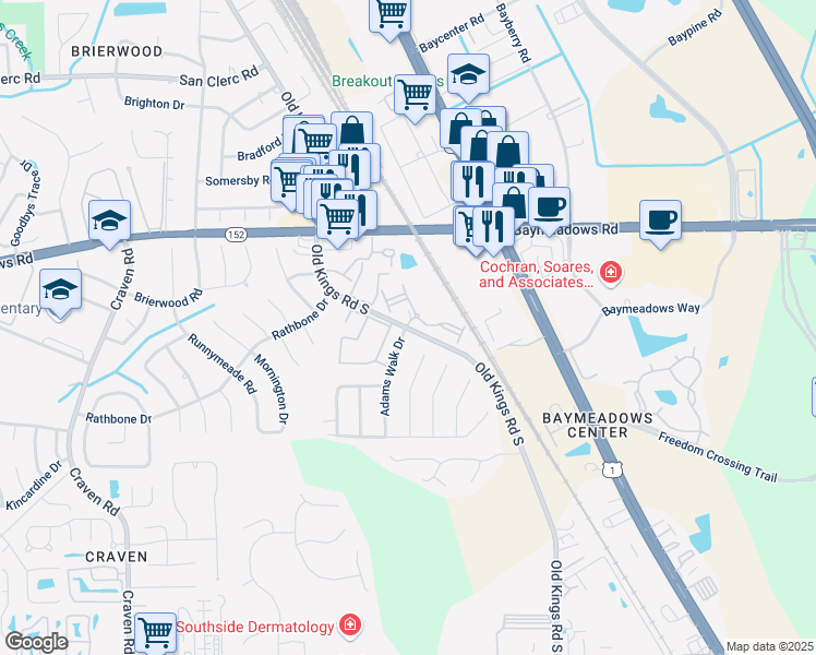 map of restaurants, bars, coffee shops, grocery stores, and more near 8900 Adams Walk Drive in Jacksonville