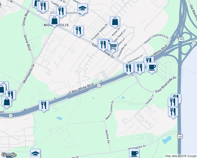 map of restaurants, bars, coffee shops, grocery stores, and more near 7310 East Ben White Boulevard in Austin