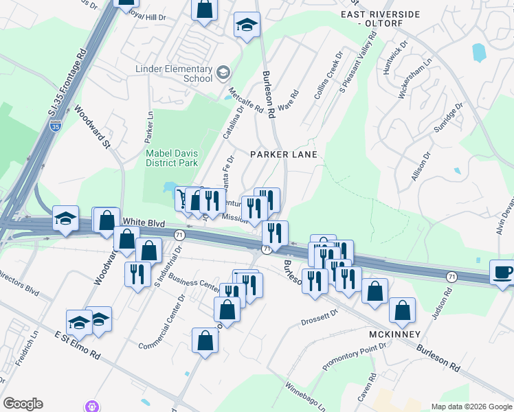 map of restaurants, bars, coffee shops, grocery stores, and more near 2408 Ventura Drive in Austin