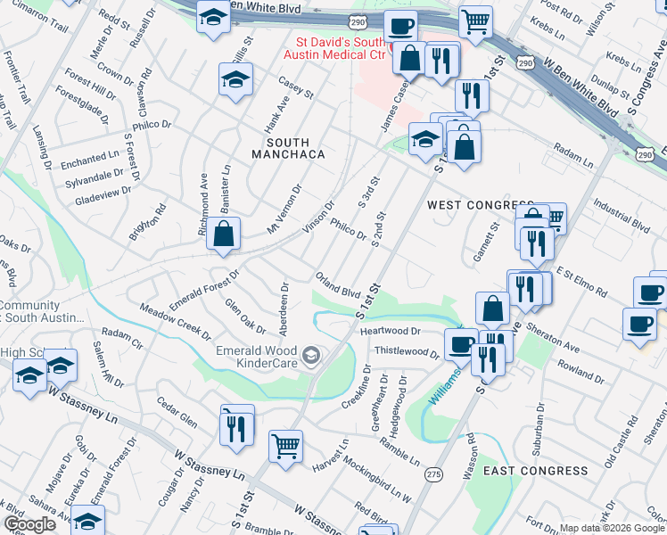 map of restaurants, bars, coffee shops, grocery stores, and more near 4616 Raintree Boulevard in Austin