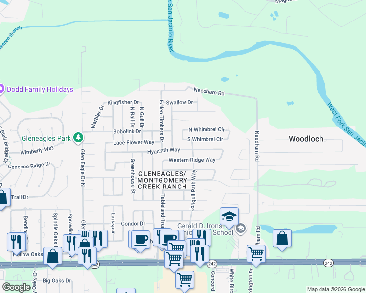 map of restaurants, bars, coffee shops, grocery stores, and more near 9981 Hyacinth Way in Conroe
