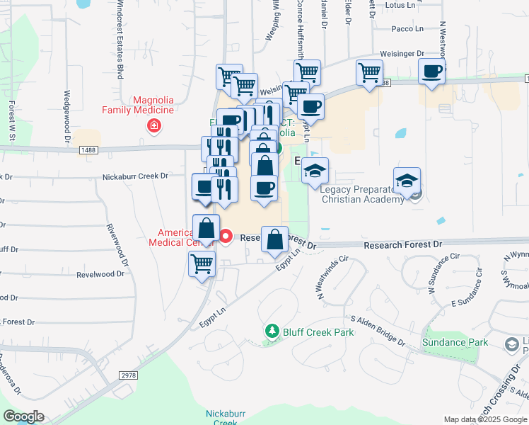 map of restaurants, bars, coffee shops, grocery stores, and more near 32858 Farm to Market Road 2978 in Magnolia