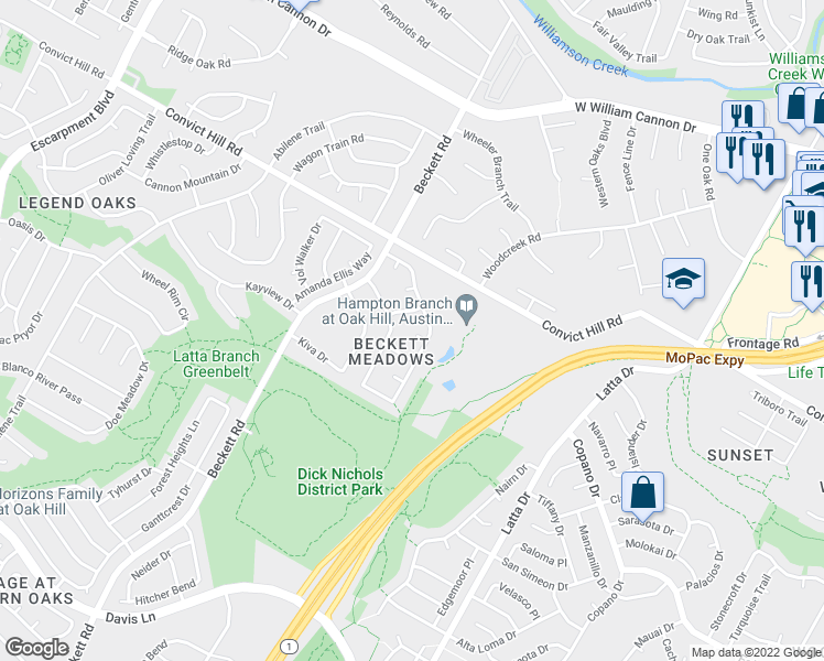 map of restaurants, bars, coffee shops, grocery stores, and more near 5204 Snowmass Cove in Austin