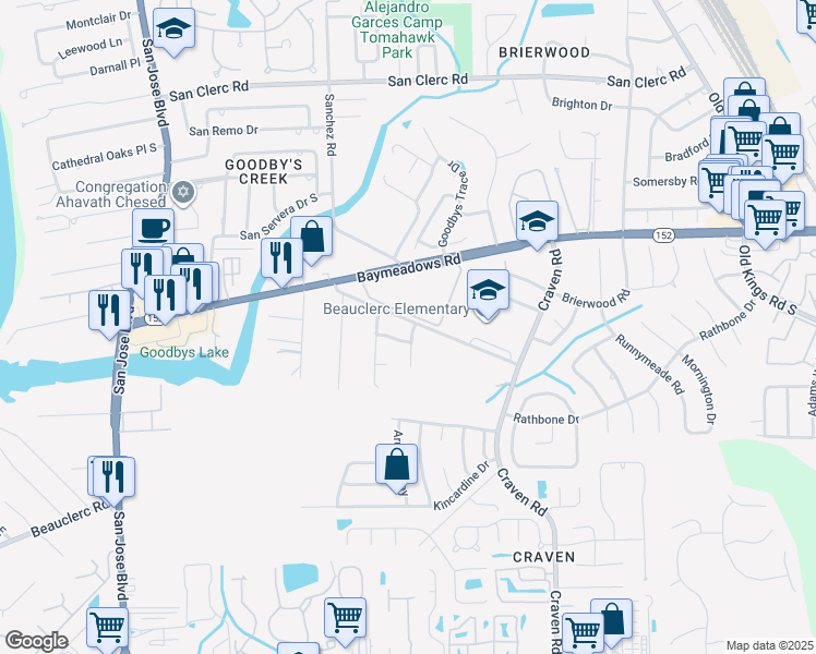 map of restaurants, bars, coffee shops, grocery stores, and more near 8812 Heavengate Lane in Jacksonville
