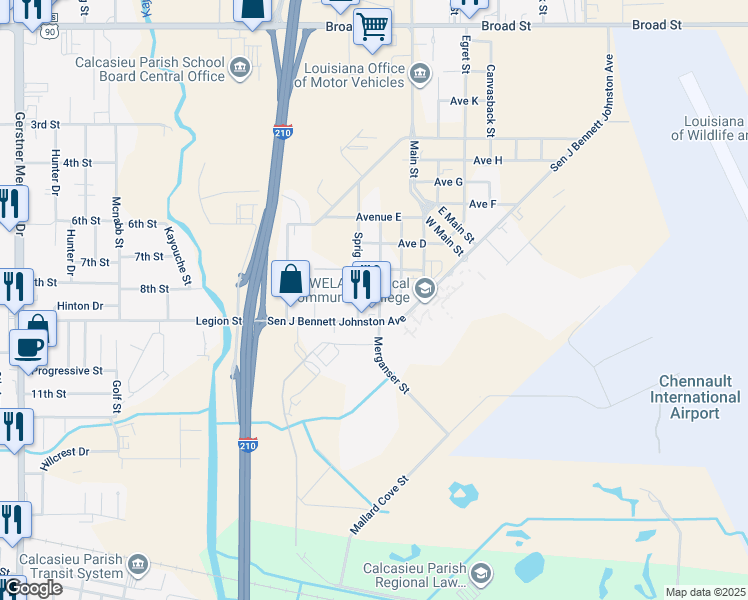 map of restaurants, bars, coffee shops, grocery stores, and more near 1803 Merganser Street in Lake Charles
