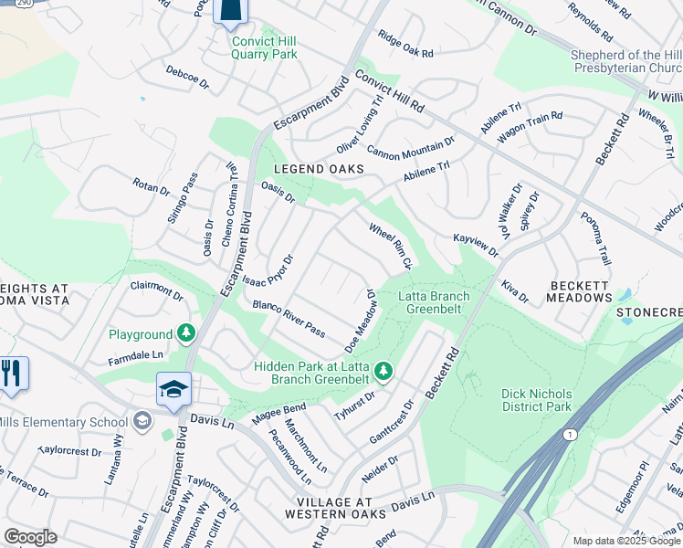 map of restaurants, bars, coffee shops, grocery stores, and more near 8002 Cutler Ridge Place in Austin